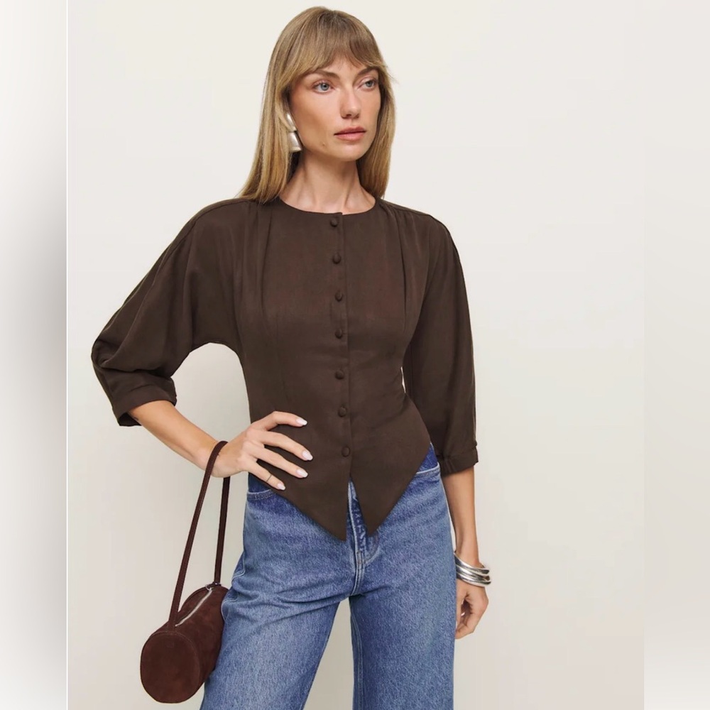 NWT Reformation Martha 3/4 Short Puff Sleeve Top  in Cafe Brown